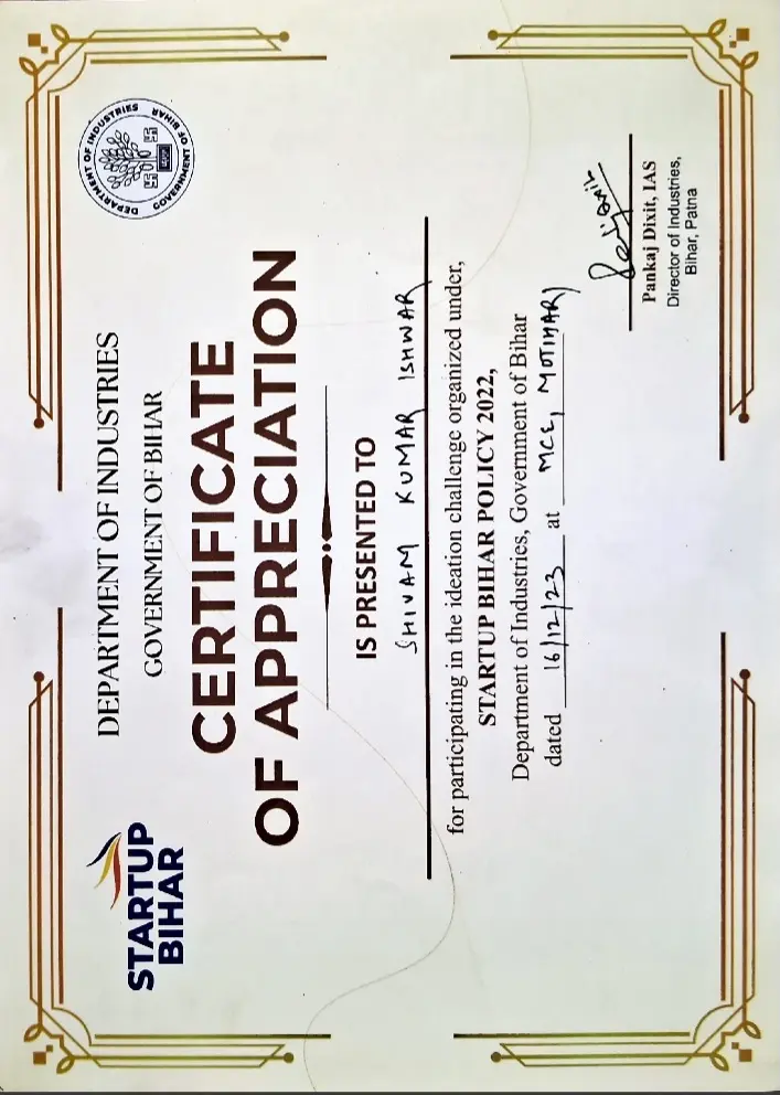 Startup Bihar Certificate of Appreciation